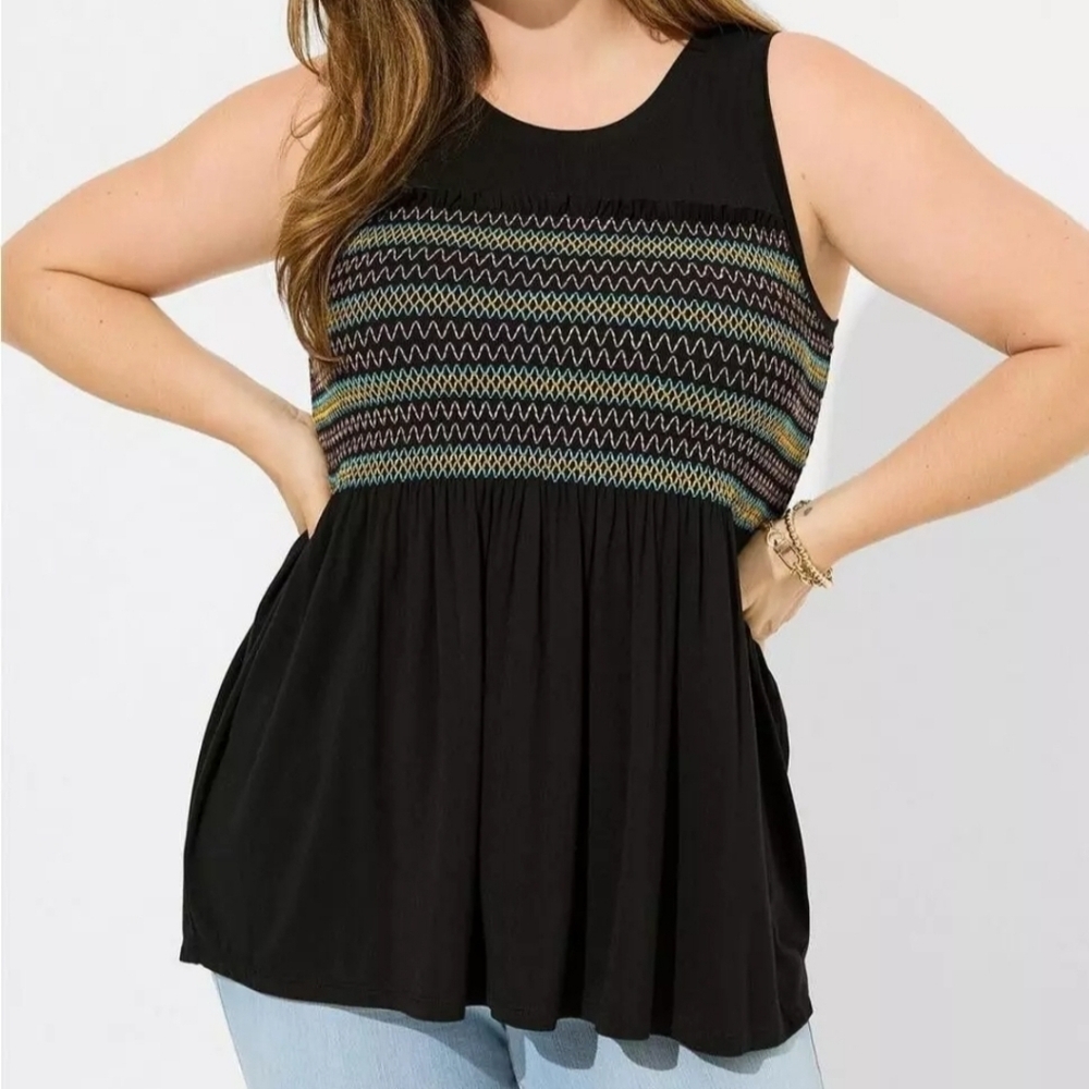 Torrid Super Soft Crew Neck‎ Smocked Multicolor Black Tank Size 4X